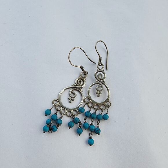 Handmade Sterling Silver Earrings Natural Stone Turquoise Boho Beaded Chandelier - Picture 3 of 4